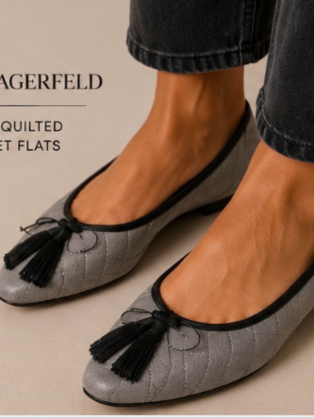 Karl Lagerfeld Gray Quilted Pointed Flats with Black Tassels - Picture 8 of 8